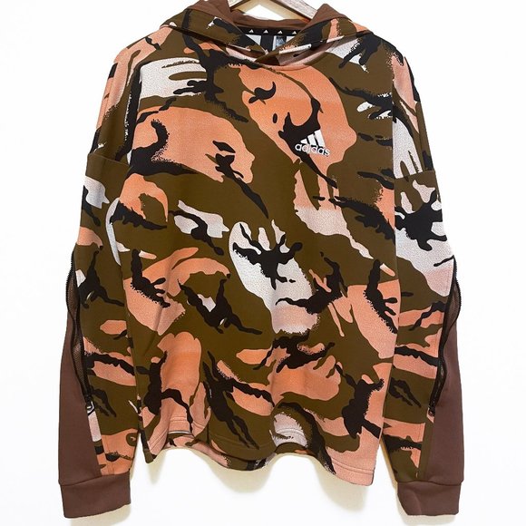 Adidas Men's All Over Print Camo Brown Hoodie with Zipper Sleeves - Picture 1 of 7